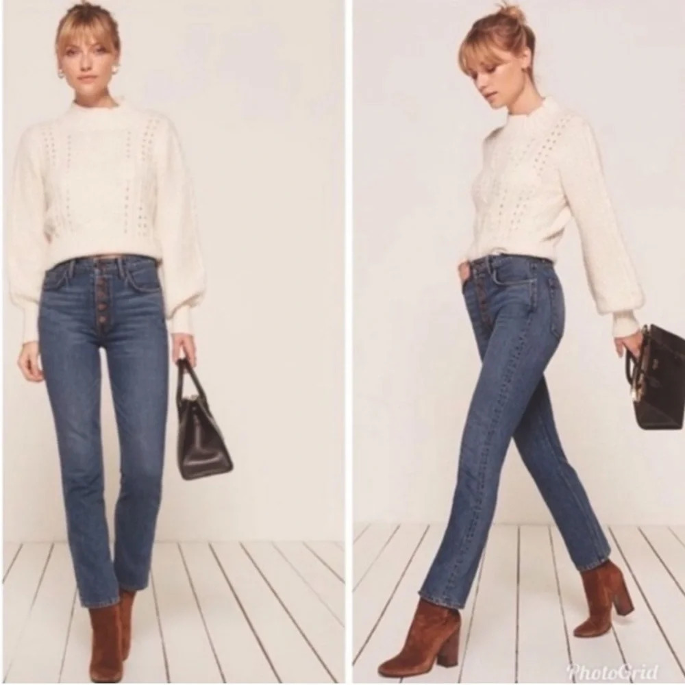Reformation Petite Button Fly Slim Straight Ankle Baltic Wash Jeans Size 28